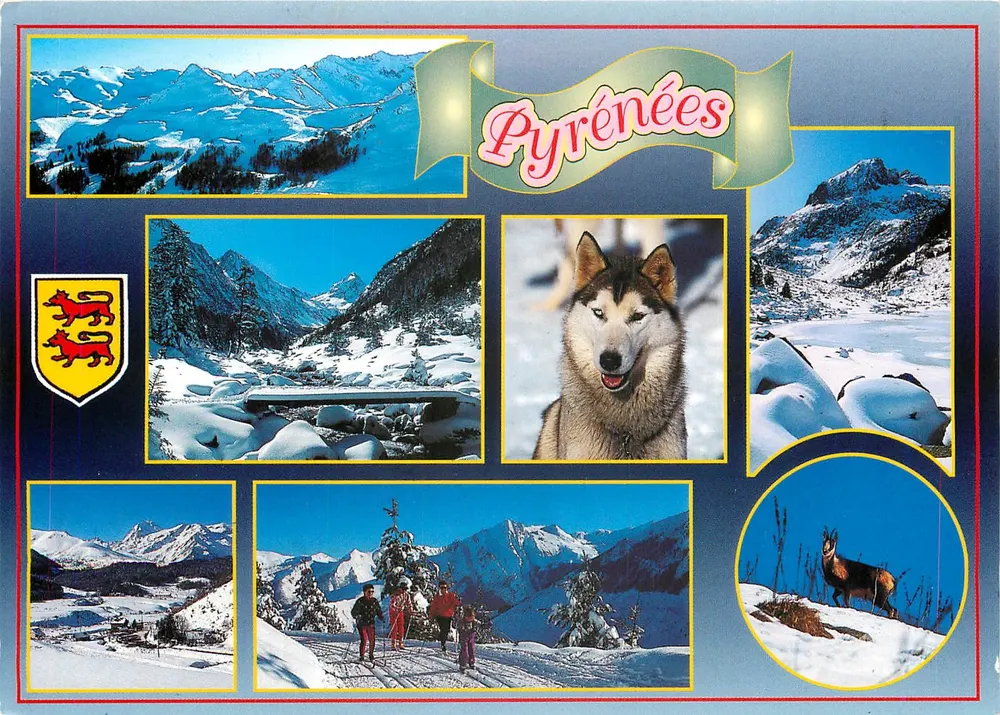 Pirineus — paisagem invernal, cão husky, esquiadores — Edição A. Doucet, Lourdes - Frente