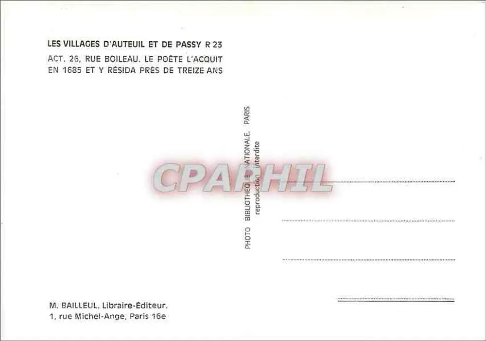 Maison de Boileau à Auteuil — gravure historique — M. Bailleul, Paris - Verso