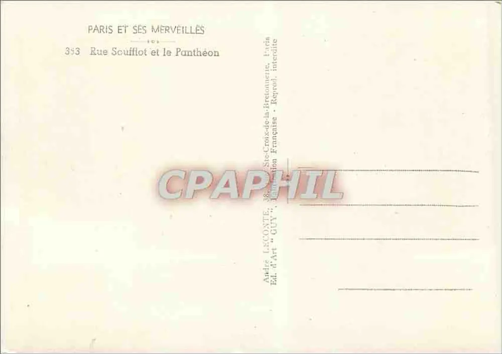 Paris et ses merveilles — Rue Soufflot et le Panthéon — André LACONTE, Éd. d'Art 'GUY' - Verso