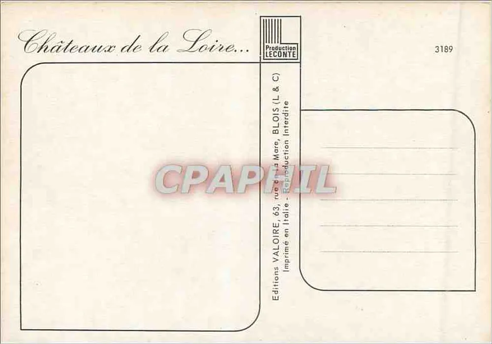 Castelo de Saumur — vista do castelo ao entardecer — Éditions Valoire, n° 3189 - Verso
