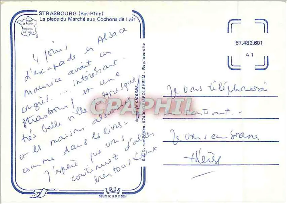 Strasbourg (Bas-Rhin) — La place du Marché aux Cochons de Lait — Éditeur Iris Mexichrome - Verso