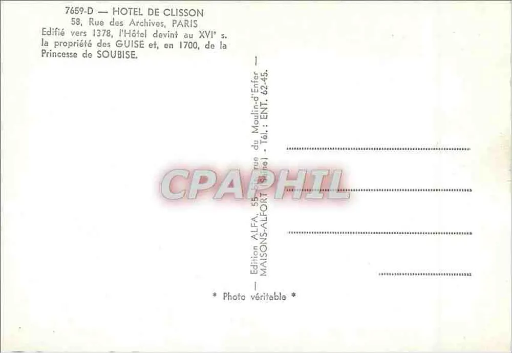 Hôtel de Clisson — Paris — Edição ALFA, MAISONS-ALFORT - Verso