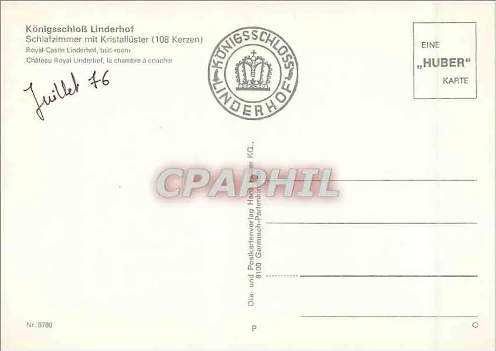 Schlafzimmer des Königlichen Schlosses Linderhof — 108 Kerzen — Verlag Huber, Nr. 8780 - Rückseite
