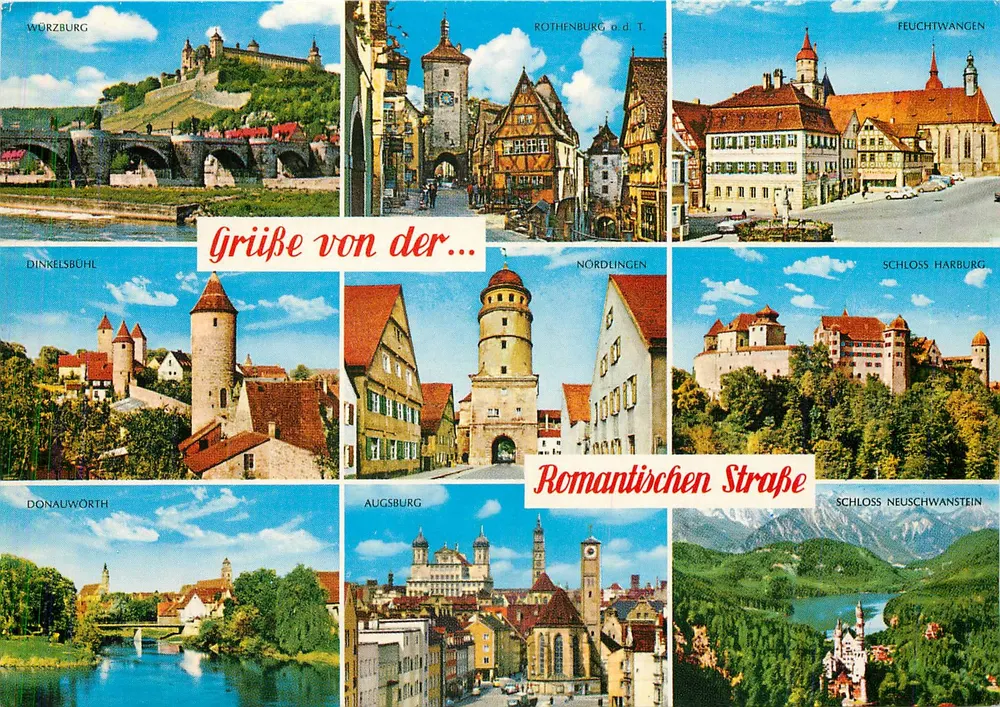 Würzburg, Rothenburg o.d.T., Feuchtwangen, Dinkelsbühl, Nördlingen, Schloss Harburg, Donauwörth, Augsburg, Schloss Neuschwanstein — Grüße von der... Romantischen Straße - Frente