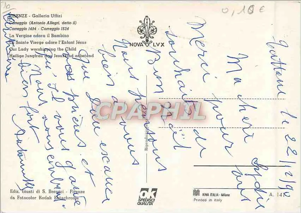 माता ईसा के बच्चे की आराधना करती हुई माता ईसा — कॉर्रेज़ 1534 — एडिशन जिउस्टी डी सी. बेंकासी, फ्लोरेंस - पीछे