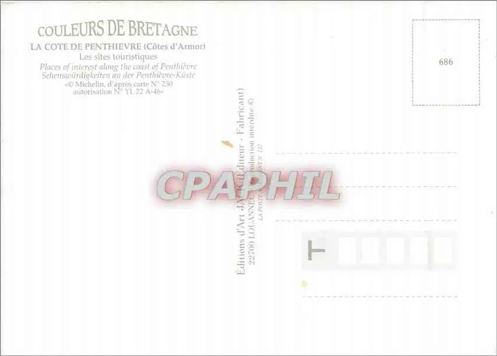 La Côte de Penthièvre — Carte postale touristique — Éditions d'Art LOJANNE, n° 686 - Verso