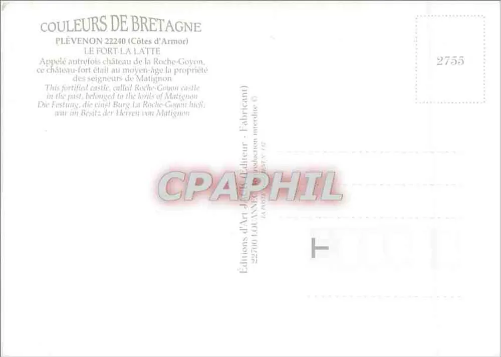 Fort La Latte — Plévenon (Côtes-d'Armor) — Edições de Arte Jean Fabricant - Verso