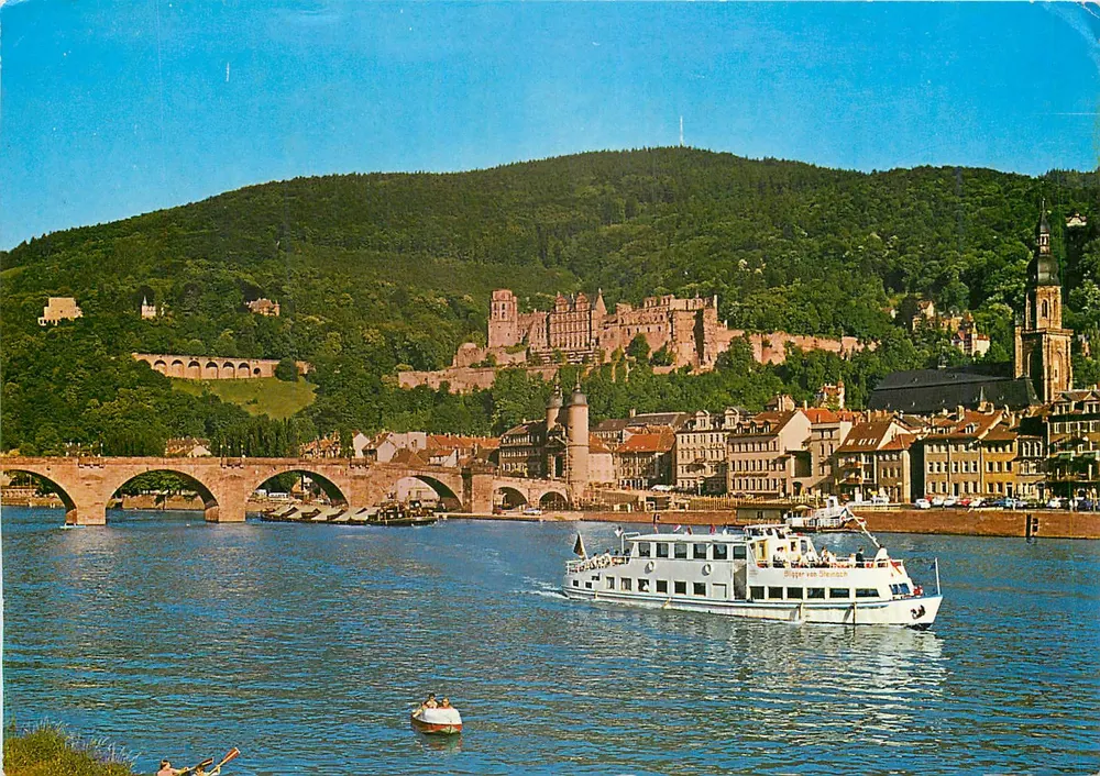 Heidelberg am Neckar — Blick auf Schloss und alte Brücke — Werbepostkarte von Gorzinski - Vorderseite