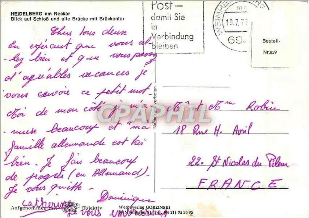 Heidelberg am Neckar — Blick auf Schloss und alte Brücke — Werbepostkarte von Gorzinski - Rückseite