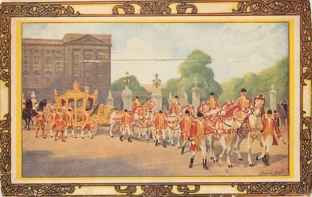 राजवंश का प्रोसेस पैलेस के सामने — कॉनराड लेफेव्र के चित्रण — प्रकाशक अदृश्य - आगे