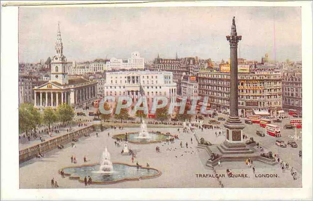 Praça de Trafalgar, Londres — vista panorâmica com coluna e fontes — número de série não visível - Frente