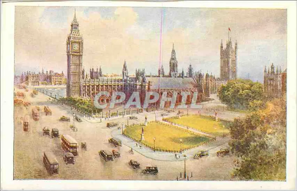 Big Ben i Parlament — widok panoramiczny — wydawca nieznany, numer serii nieczytelny - Awers