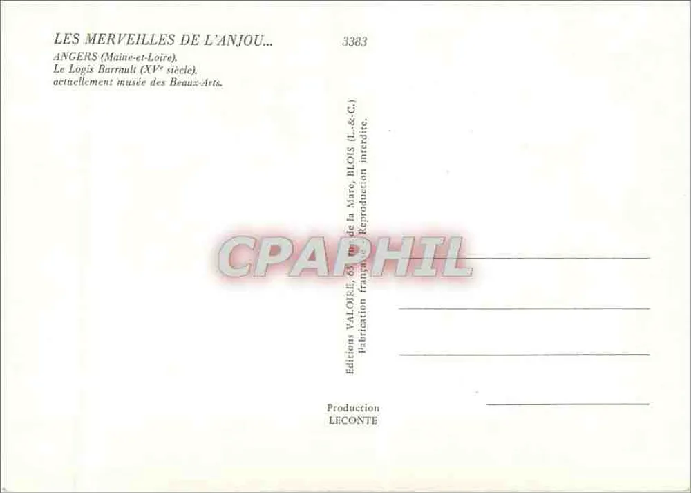 Angers — Le Logis Barrault (XVe siècle) — Éditions Valoire, n°3383 - Verso