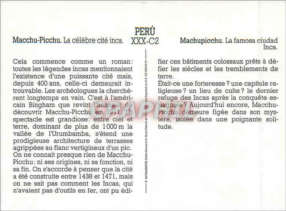 Macchu-Picchu — ciudad inca misteriosa — Pureo Service S.A. n° XXX-C2 - Reverso