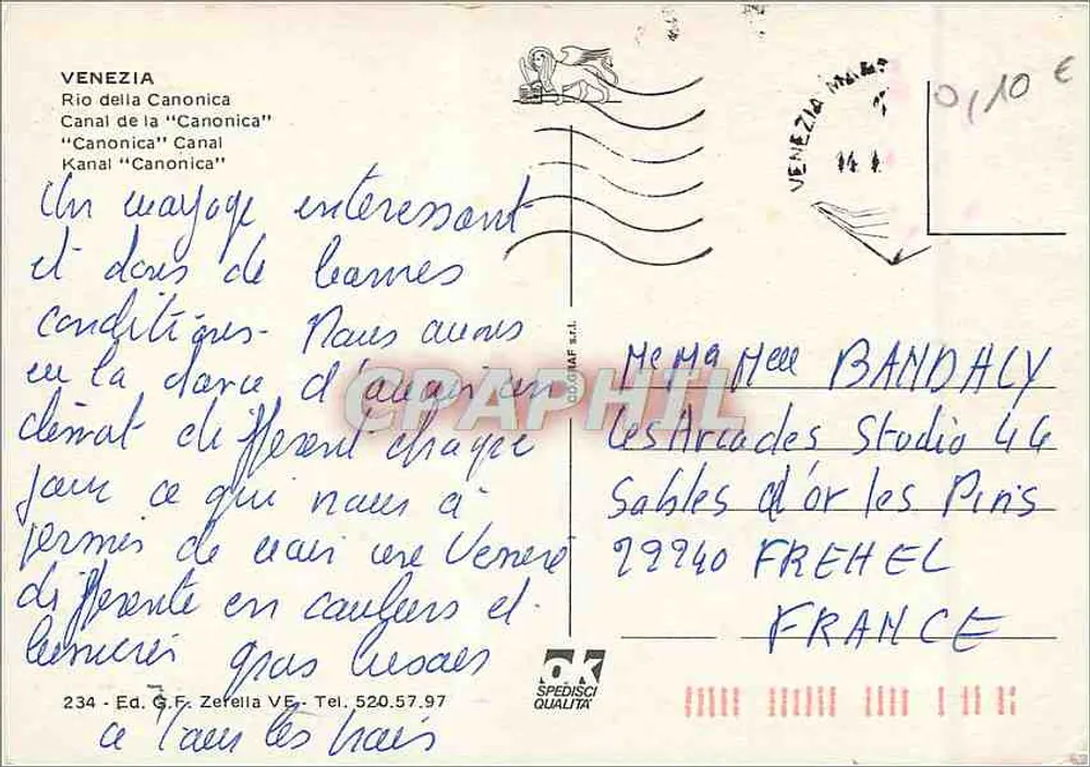 Veneza — Canal da Canonica — Ed. G. F. Zerella VE, n° 234 - Verso