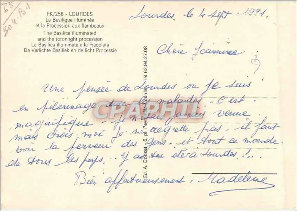 Lourdes — Die beleuchtete Basilika und die Prozession mit Fackeln — Ed. A. Dobeil, Lourdes - Rückseite