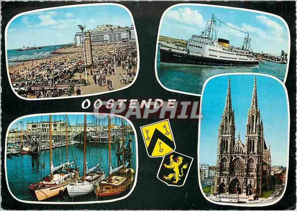 Oostende — Praia, porto, catedral e navio - Frente