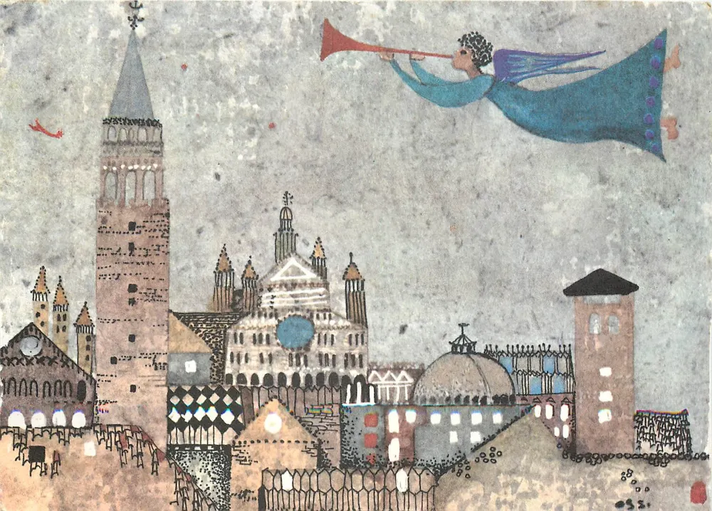 Anjo tocando trombone acima de uma cidade — pintura de Ossi Czinner — impressa na Dinamarca - Frente