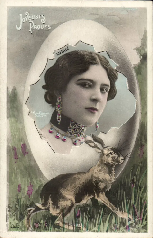Femme et lapin sortant d'un œuf — Joyeuses Pâques — Routlinger, Paris, n°1135 - Recto