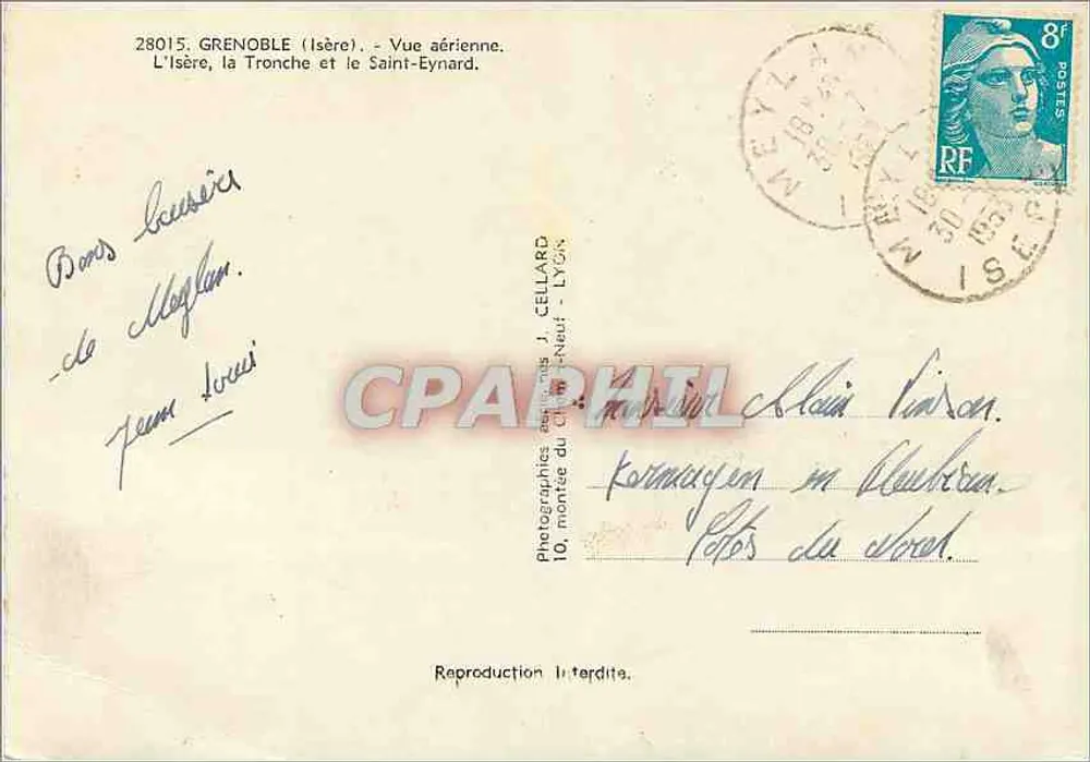 Grenoble (Isère) — Vue aérienne. L'Isère, la Tronche et le Saint-Eynard — J. Cellard, Lyon - Verso