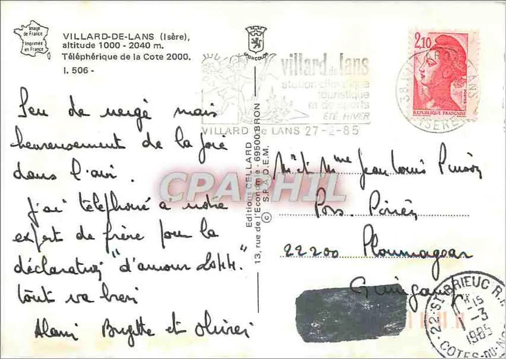 Villard-de-Lans (Isère) — Téléphérique de la Côte 2000 — Éditeur S.F.A.D.E.M. n° 1.506 - Verso