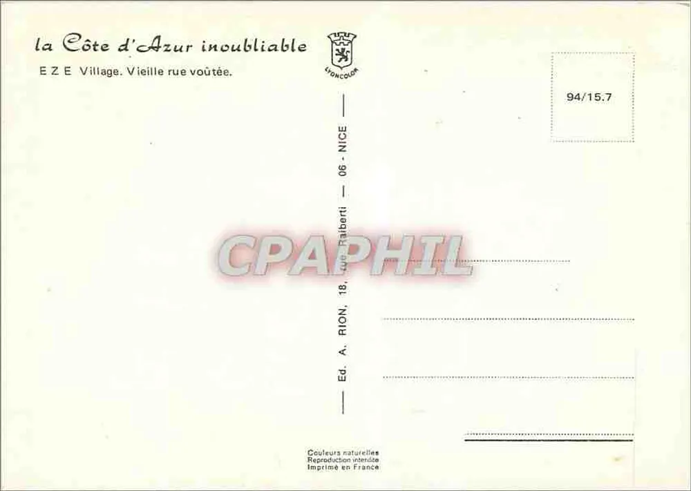 Rion — Alte gewölbte Straße — Verlag A. Rion, 18, rue Talberti, Nice - Rückseite