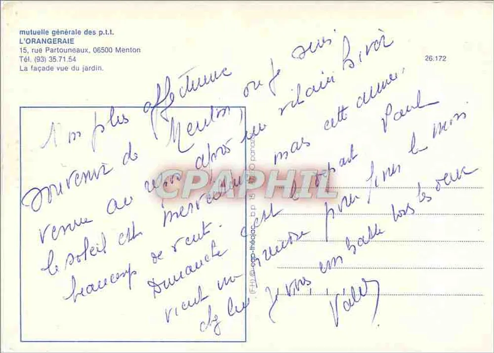 Hotel da Orangeraie — Menton — editor IRIS, n° 26.172 - Verso
