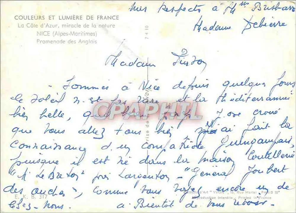 NICE — Promenade des Anglais — Éditions d'Art YVON - Rückseite