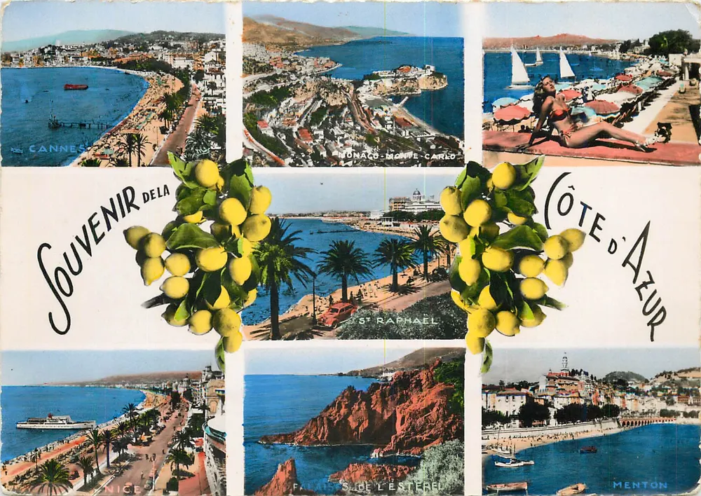 Cannes, Monaco, Monte Carlo, Saint-Raphaël, Nice, Cap d'Antibes, Menton — Lembrança da Costa Azul — Edição « MAF » - Frente