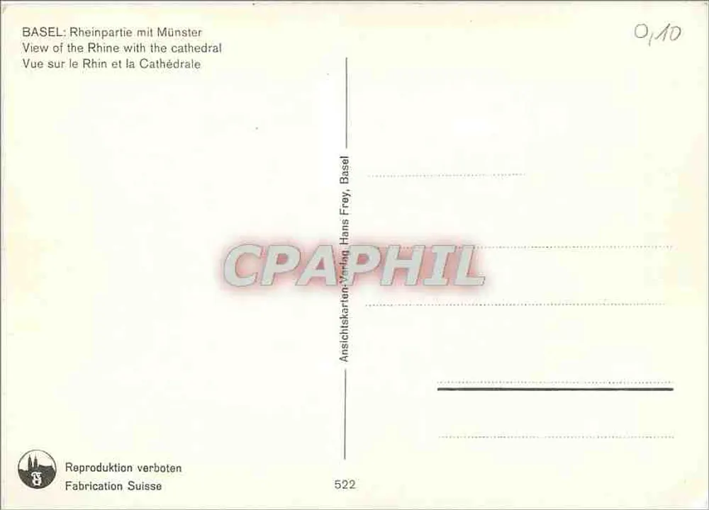 Basel — Ansicht der Rheinufer und der Kathedrale — Anschlitzkarten-Verlag Hans Frey, Basel - Rückseite
