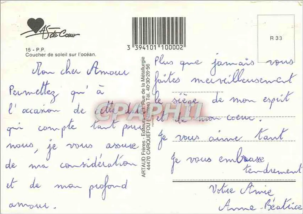 Pôr do sol sobre o oceano — Bilhete postal antigo da série R 33 — editor ARTAUD Frères - Verso