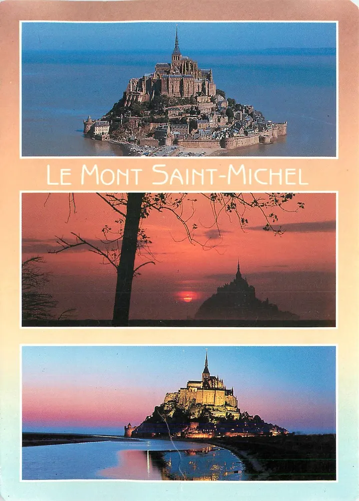 Monte Santo Michel — vista panorâmica, pôr do sol e noite iluminada — Éditions d'Art JACQUINEC, n°159 - Frente