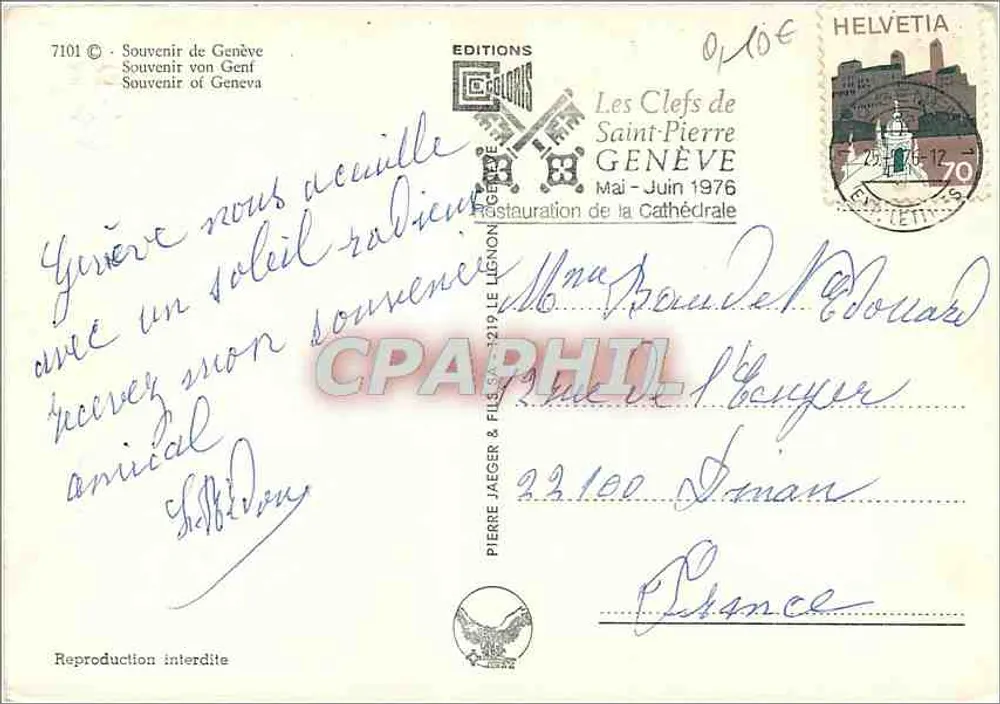 Gênova — vista panorâmica com o Jato d'Água, o rio e o jardim da torre — Edições Les Clefs de Saint-Pierre - Verso