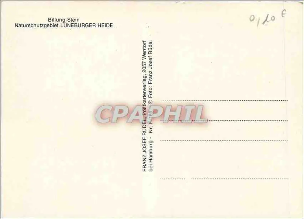 Billung-Stein — Naturschutzgebiet Lüneburger Heide — Franz Josef Rüdel, Postkartenverlag, Nr. F-189 - Verso