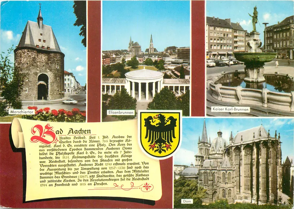 Bad Aachen — Vista panorâmica com Morschier Tor, Elisenbrunnen, Kaiser-Karl-Brunnen e Dom — Jakob Krapohl, série O 77 EK - Frente