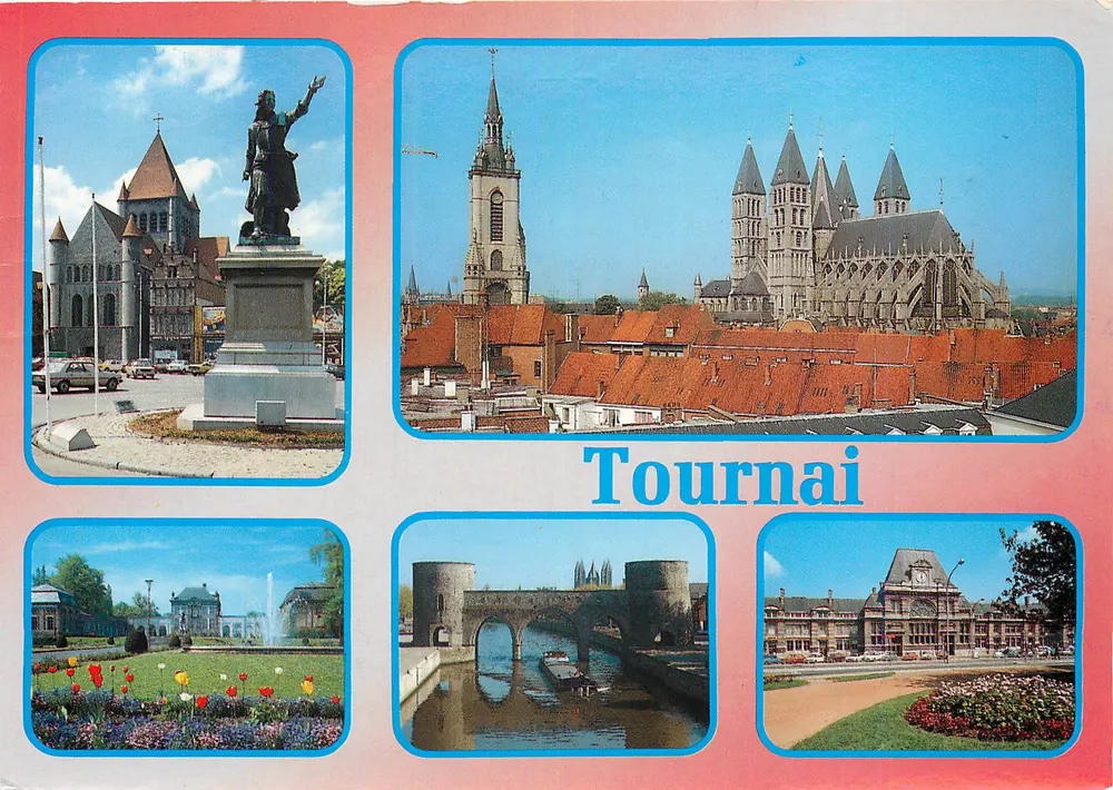 Tournai — vista panorâmica com estátua, catedral, ponte e jardins — Edit. Thill, S.A. - Frente