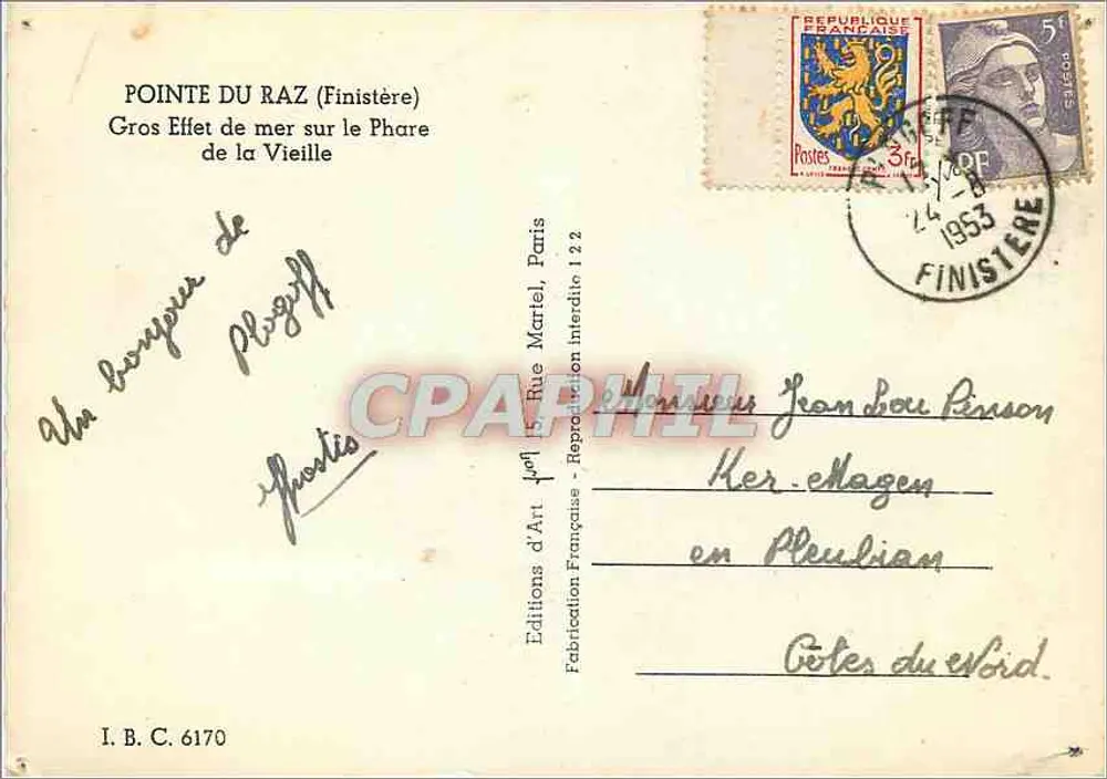 Pointe du Raz (Finistère) — Starker Seeeffekt am Leuchtturm der Alten — Éditions d'Art Françaises, Paris - Rückseite