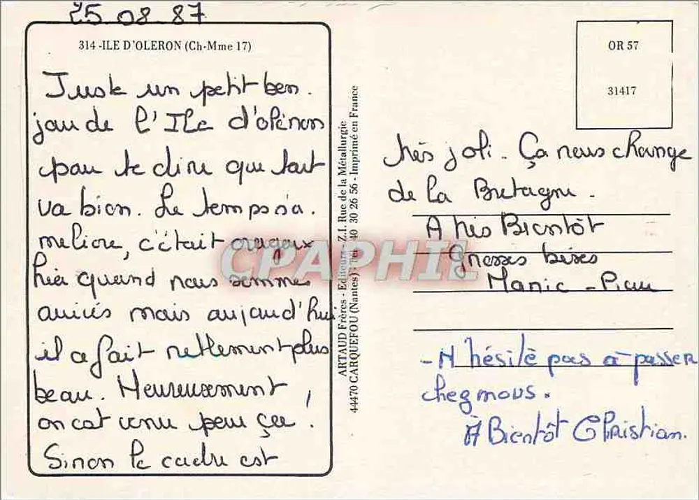 Ilha de Oléron — carta postal ilustrada — Artaud Frères, Nantes - Verso