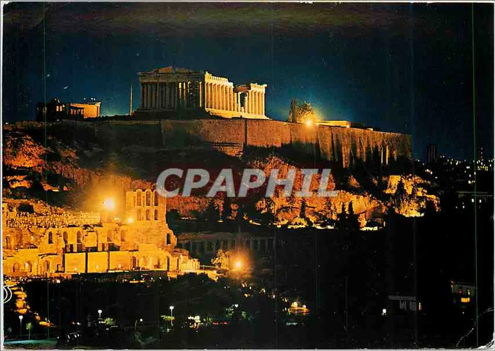 Akropolis w Atenach — nocny widok z oświetleniem — wydawca nieznany - Awers