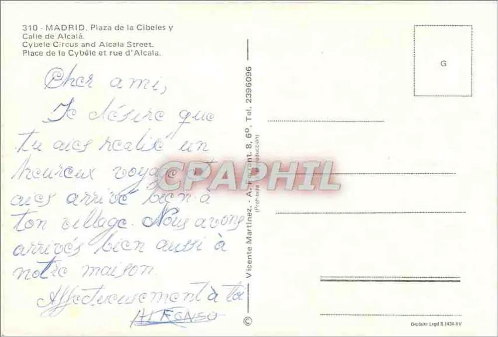 Madrid - Plaza de Cibeles — Luftaufnahme — Verlag Vicente Martínez, n° 310 - Rückseite