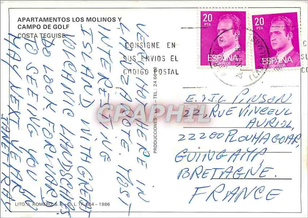 Los Molinos — Lanzarote, Costa Teguise — Lito A. Romero S.A. - D.L. TF 884 - 1986 - Rückseite