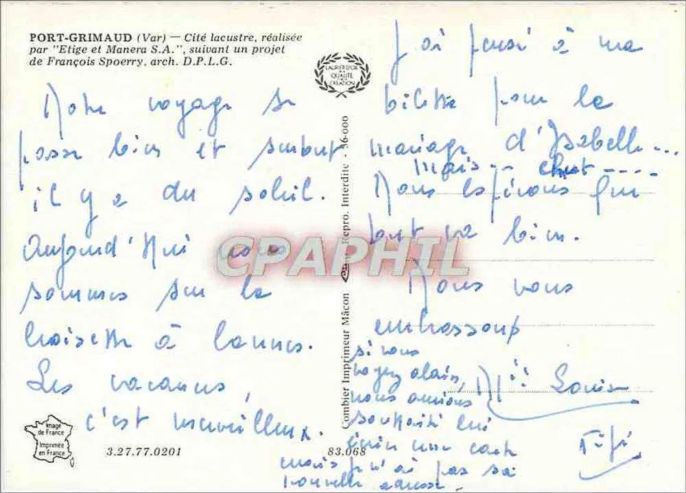 पोर्ट-ग्रिमौ (वार) — लेक के आसपास के शहर का निर्माण 'एटिजे एंड मैनेरा सी.ए.ए.' द्वारा किया गया — प्रकाशक सिंग, श्रृंखला संख्या अदृश्य - पीछे