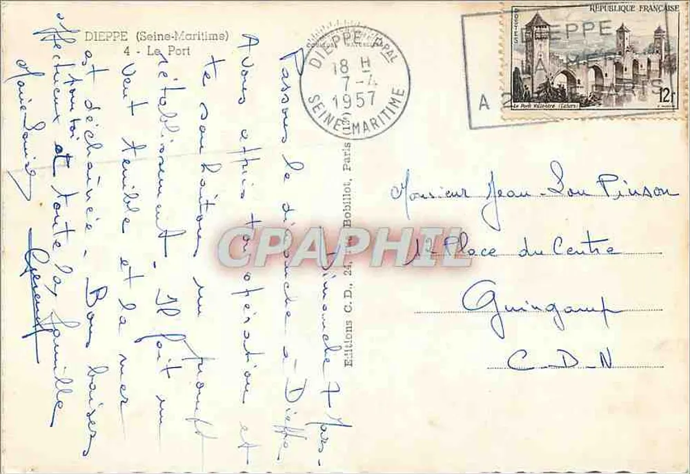 Hafen von Dieppe — Ansicht des Hafens mit Booten und dem Frachter Normandie — Éditions C.D. N. - Rückseite