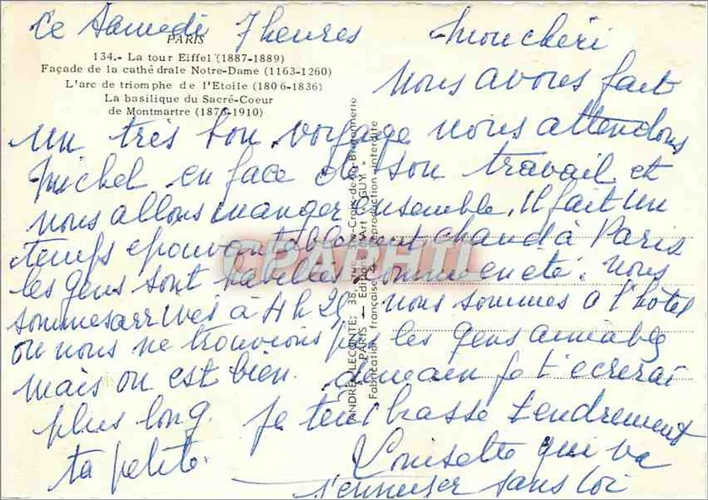 Paris — Eiffelturm, Kathedrale Notre-Dame, Triumphbogen, Basilika des Heiligen Herzens — Verlag Guy, n° 134 - Rückseite