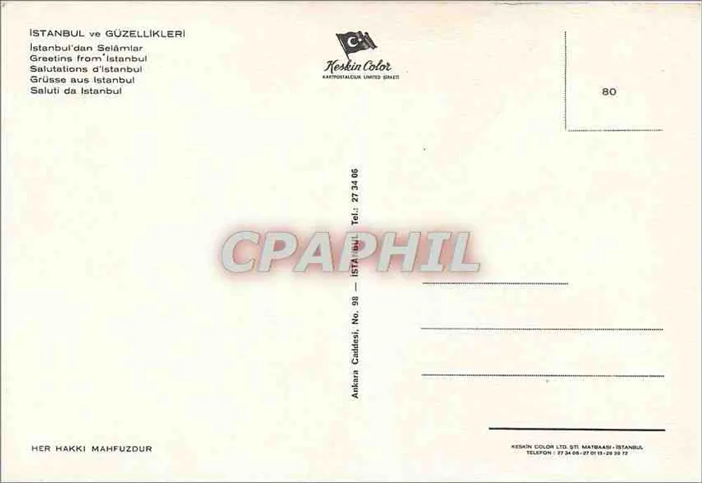 Istanbul — Taksim Abidesi, Sultanahmet Camii, Kiz Kulesi, Boğaziçi Rumelihisar — Keskin Color, No. 38 - Verso