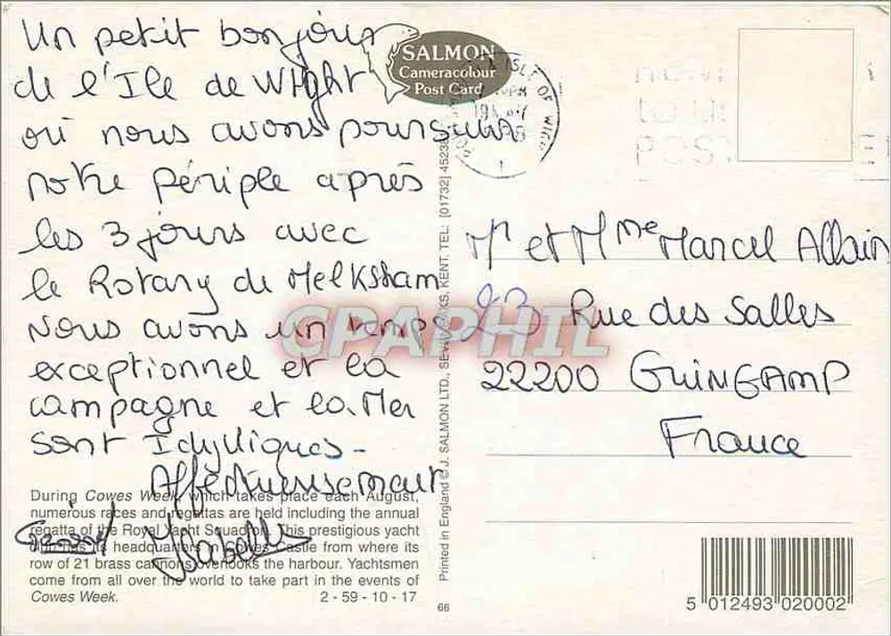 Cowes Week - Isle of Wight — Salomon Cameracolour Post Card n°66 - Verso