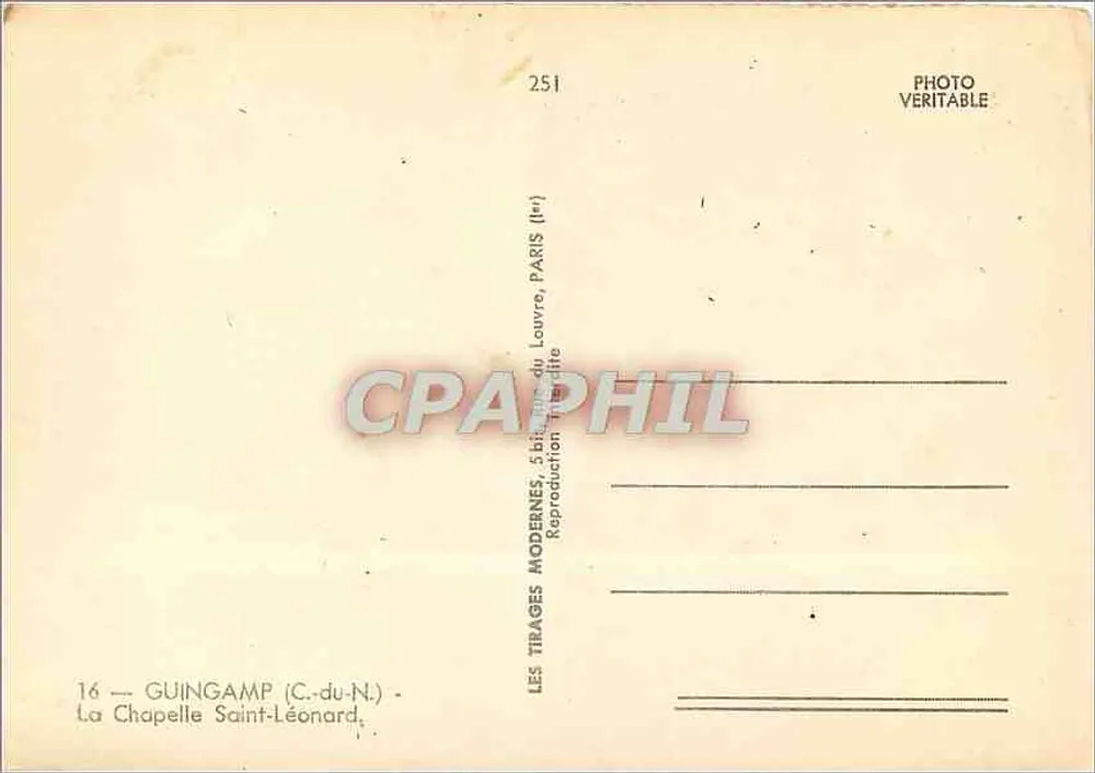A Capela São Léonard — Guingamp (C.-du-N.) — Editor: Les Tirages Modernes, 5 bis rue du Louvre, Paris - Verso