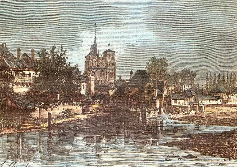 Vista de Châteauroux — Igreja e moinho — Lithographie Bretagne Ancienne LC 34 - Guingamp - Frente