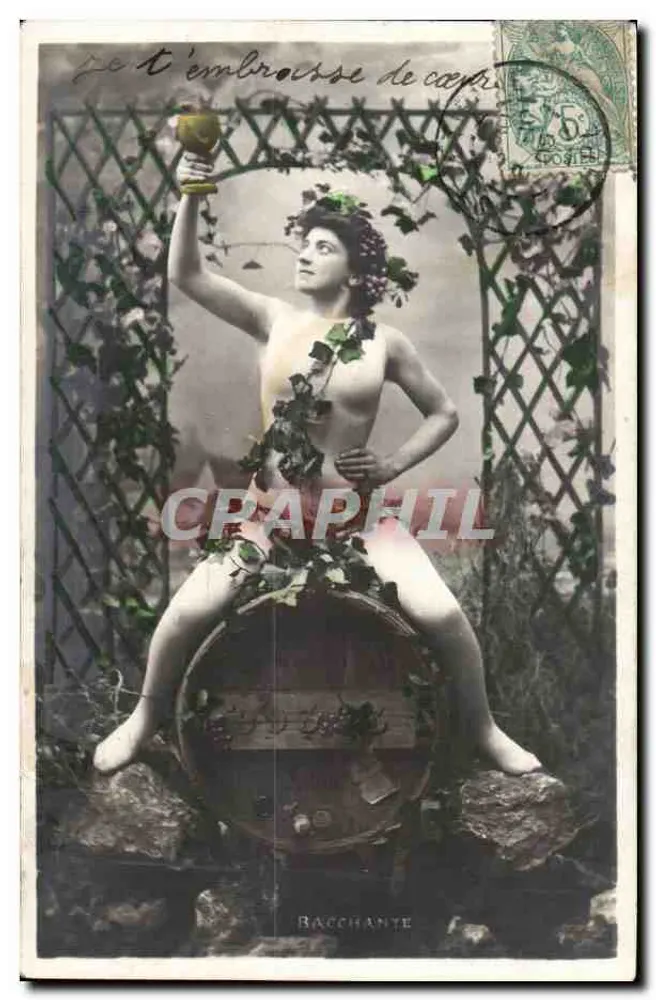 Bacchante — mulher nua cercada de videiras, sentada em um barril — editor não visível, número de série não visível - Frente