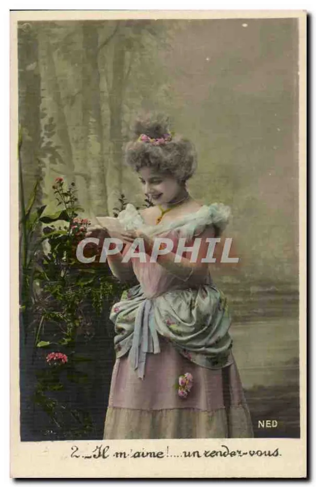 Frau in einem alten Stil Kleid — Garten Szene — Verlag NED, Nr. 2 - Vorderseite